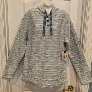Mens Free Planet Lightweight Pullover Hoodie Teal and Gray Stripes XL NWT